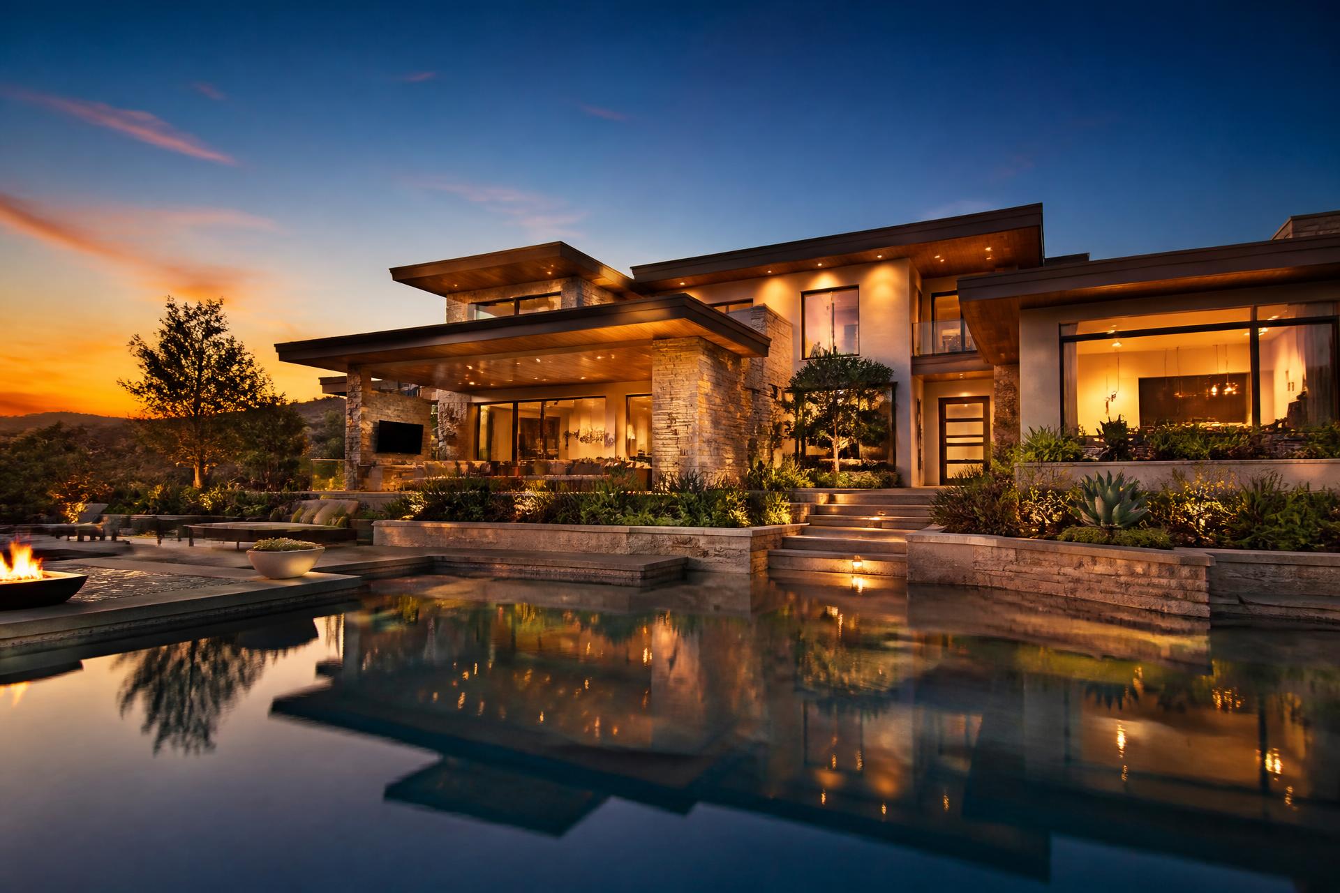 Modern luxury home at golden hour